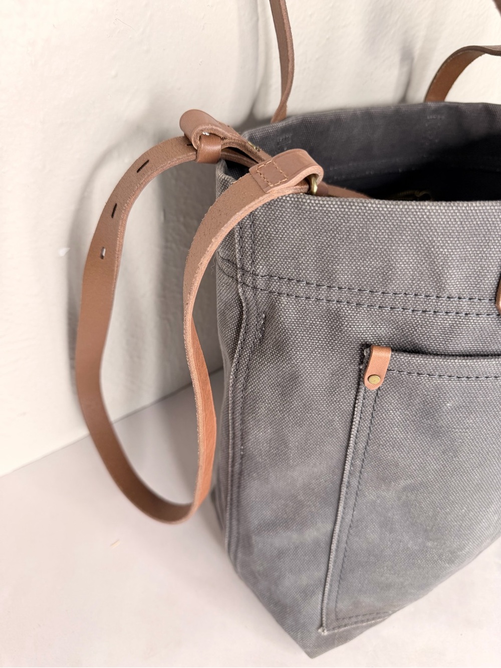 Madewell gray canvas tote bag tan leather straps - Picture 5 of 8